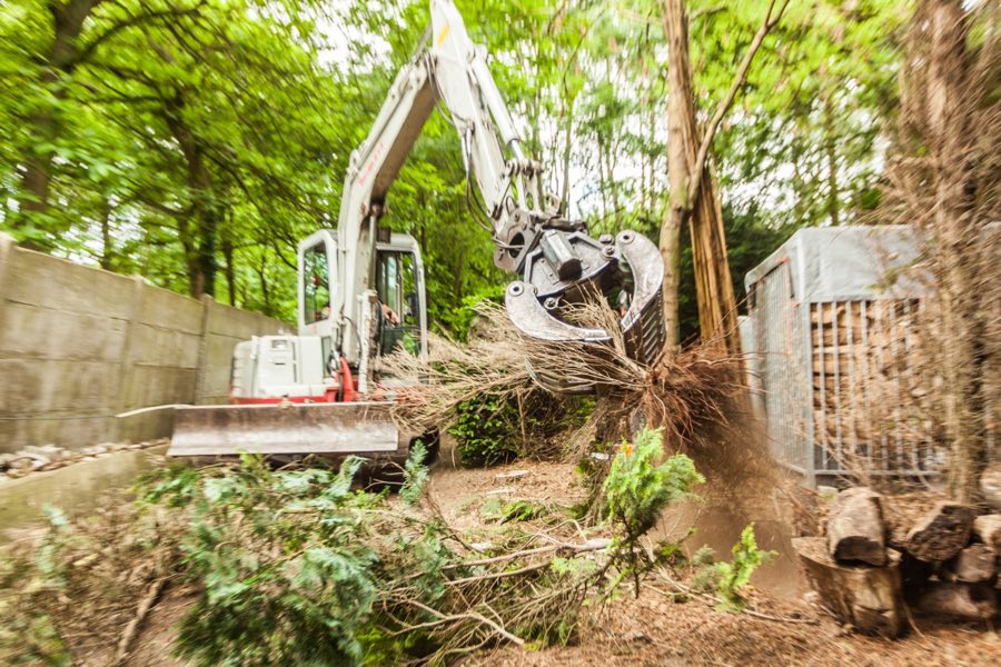 De kraan verplaatst takken met de grijper